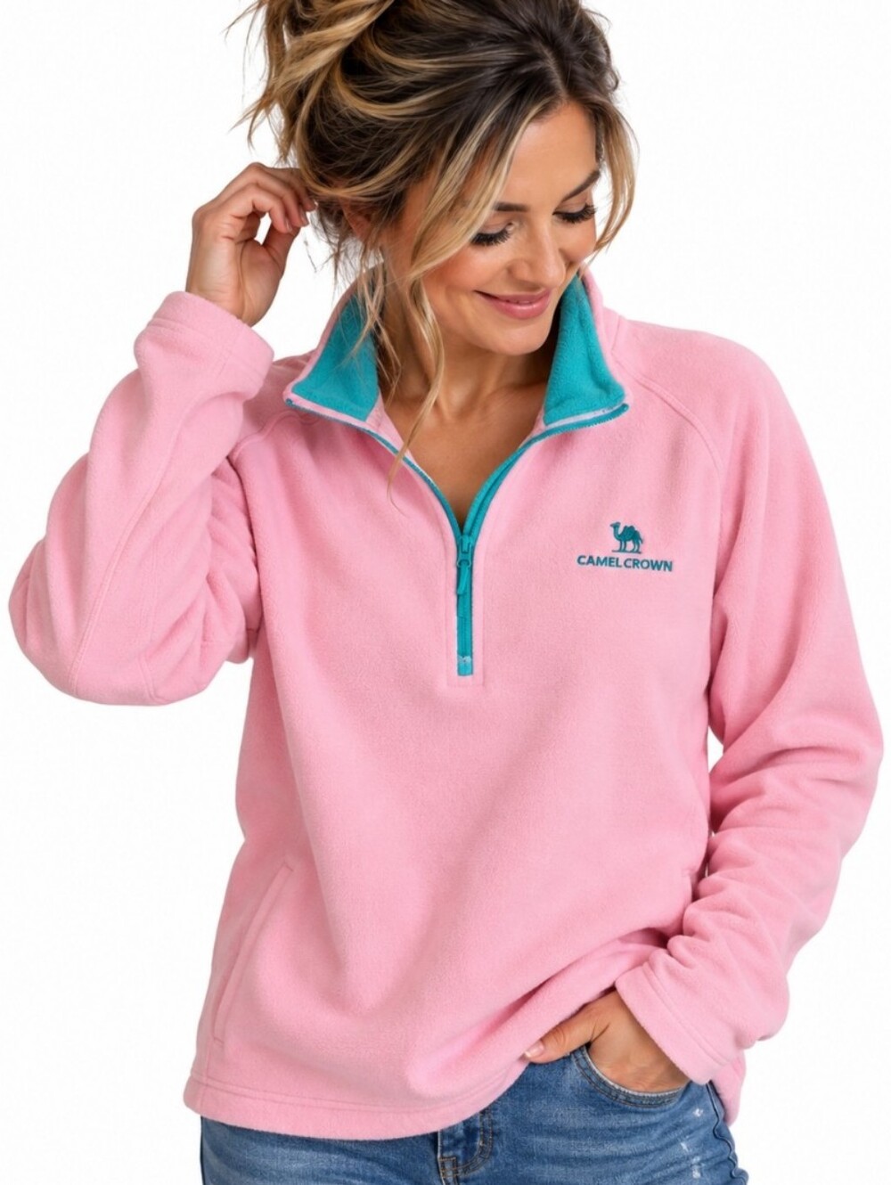 Camel Crown Women’s Pink Teal Quarter Zip Fleece Pullover Large